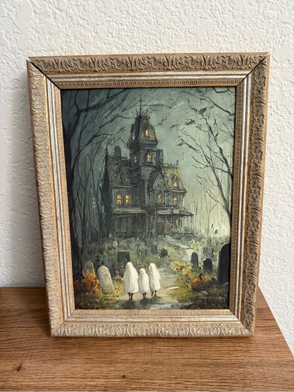 Petal Lane Halloween Haunted House with Trick or Treaters Framed Art